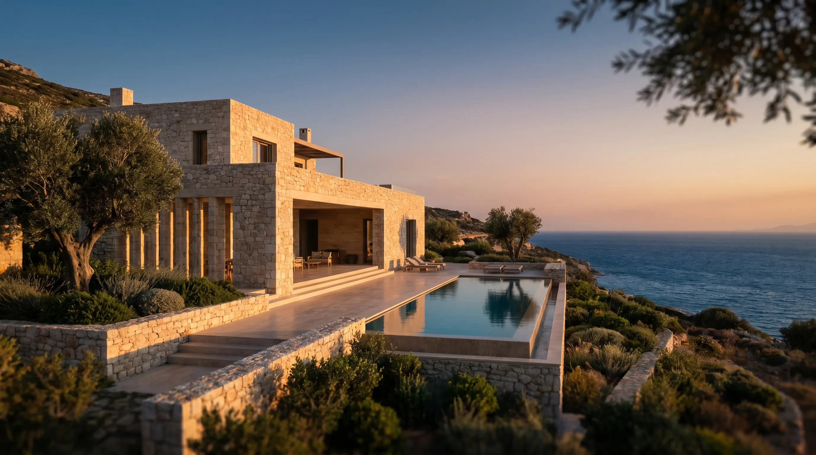 Contemporary Mediterranean villa at golden hour, the marketing framework essay by House of Advanced