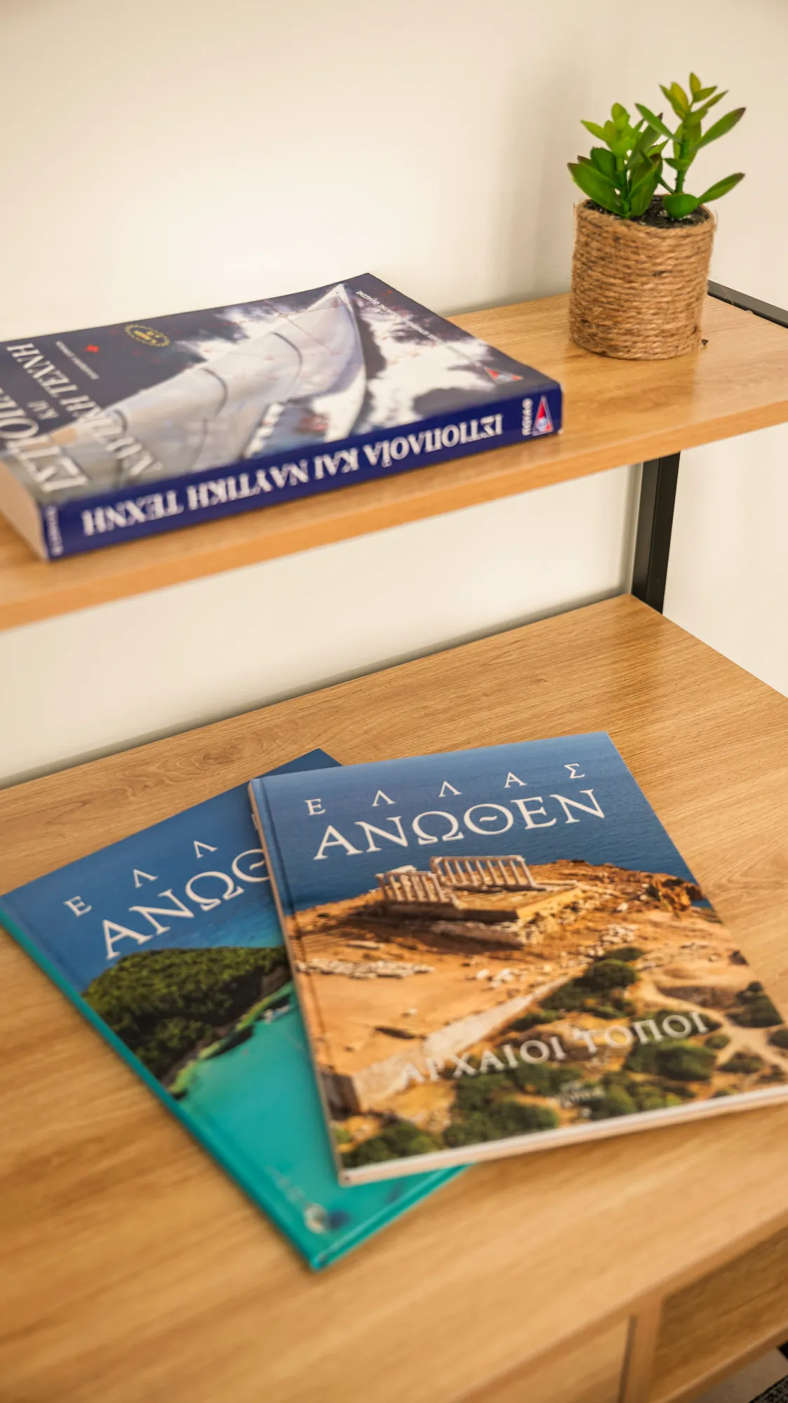 ORMOS Piraeus, travel books and a plant on the oak shelf