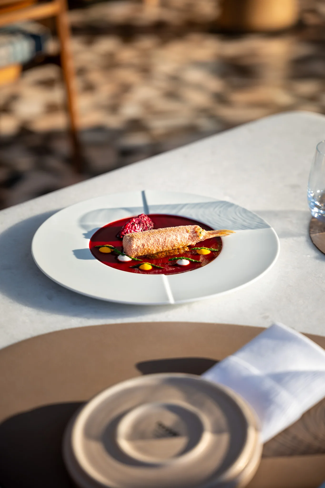 A plated dessert on a dressed table